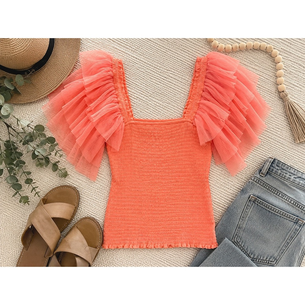 Veveret Smocked Tulle Ruffle Sleeve Top Coral Pink Square Neck VT71954 Small